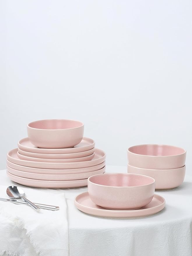 Famiware Milkyway Plates and Bowls Set 12 Pieces Dinnerware Sets and 4 Pieces Pasta Bowls Double Reactive Glaze Sturdy &amp Stackable Stoneware Dishes Set for 4 Light Pink
