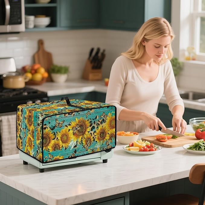 Sunflower Butterfly Print Toaster Oven Dust Cover Wooden Board Print Heat-resistant Heavy Duty Microwave Oven Protective Cover Air Fryer Covers (Medium-16.1×19.71×10 inches)