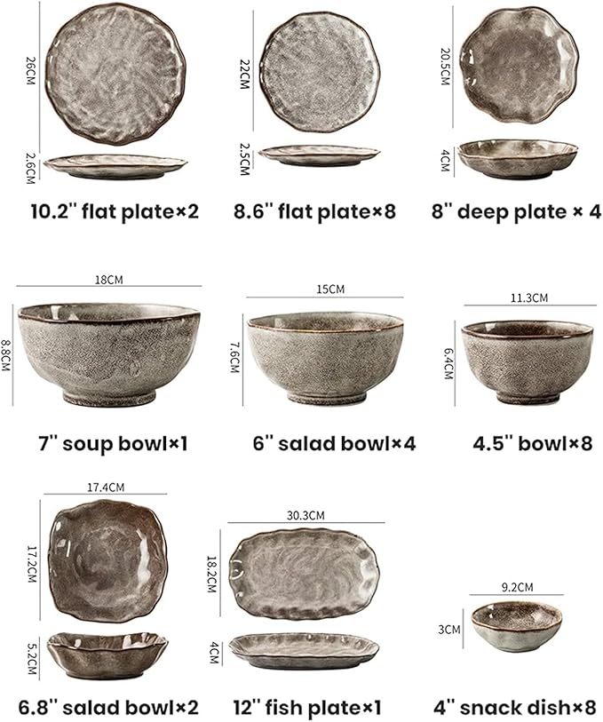 ☆Ceramics Dinner Sets Plates Set 38 Pieces Japanese Style Stone Pattern Dinnerware Set - Retro Porcelain Cereal Bowl and Steak Plate Set for Family GatheringGray size
