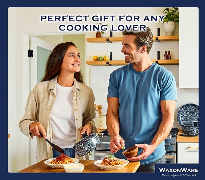 Waxonware 7pc Nonstick Cookware Set Granite Pots and Pans Set Nonstick - Dishwasher Safe and 100% PFOA &amp PTFE Free - Kitchen Pot and pan set - Stonetec Series