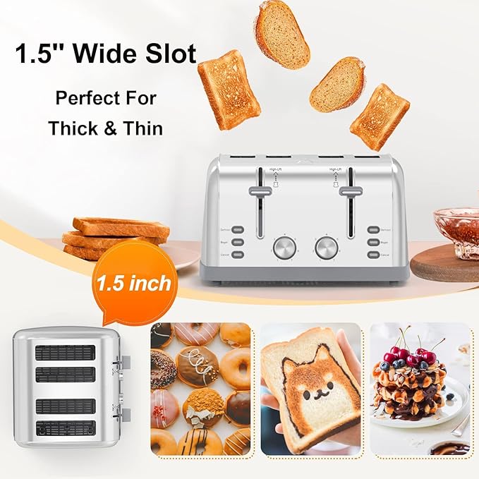Toaster 4 Slice Retro Stainless SteelBest Prime 4 Slice Toaster Wide Solt with 7 Shade Settings Perfect for Waffles Bagels and More Lainsten T-527