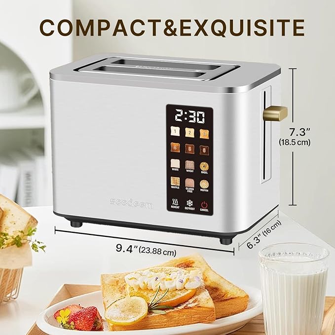 2-Slice Toaster with Touch Control 6 Shade Settings &amp 6 Bread Type 900W Removable Crumb Tray Countdown Display Smart Stainless Steel Design Silver