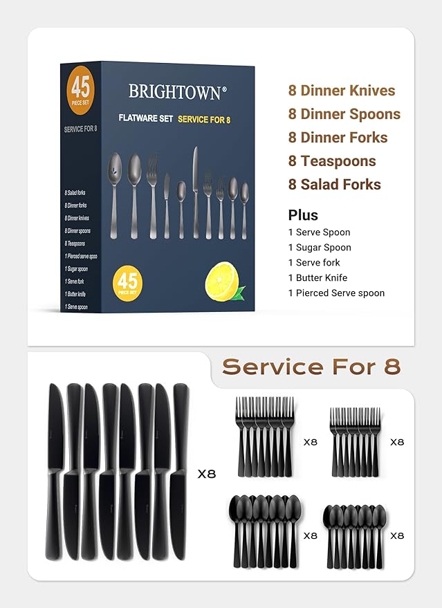 Black Silverware Set 45-Piece Flatware Set Service for 8 Durable Stainless Steel Mirror Polished Tableware Eating Cutlery Set Kitchen Utensils Set with Steak Knives Dishwasher Safe