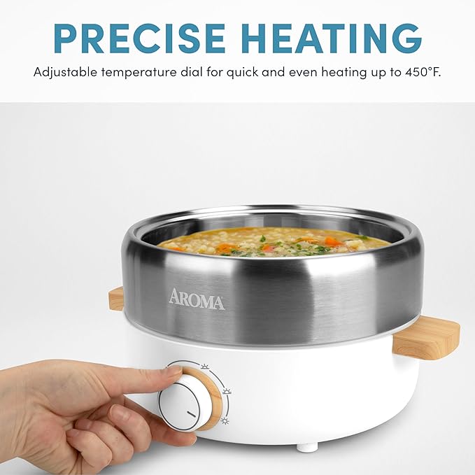 Aroma Housewares AMC-130 Whatever Pot Indoor Grill Cooking Hot Pot with Glass Lid Bamboo Handles 2.5L Stainless Steel/White
