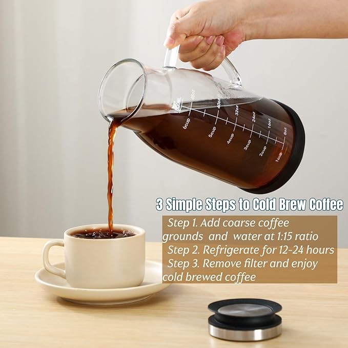 Airtight Cold Brew Coffee Maker Pitcher 51oz Glass Iced Coffee Maker Pitcher with Removable Stainless Steel Filter and Non-Slip Base 1.5L Iced Tea Maker