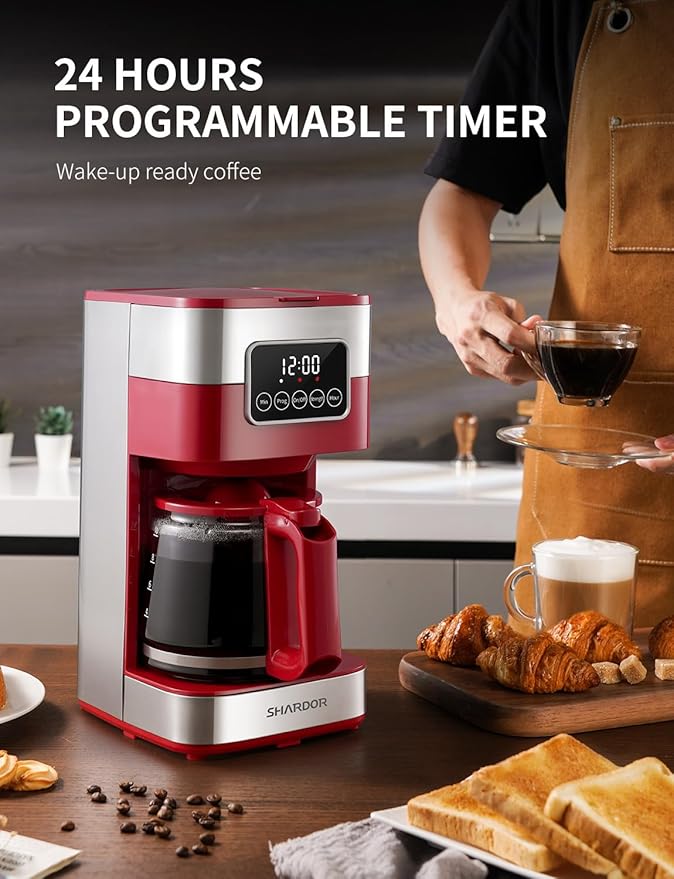 SHARDOR 10-Cup Programmable Coffee Maker Regular &amp Strong Brew Drip Coffee Machine for Home and Office Auto Shut Off Permanent Filter (red)