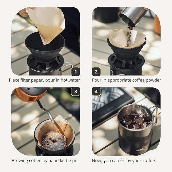 Portable Pour Over Coffee Maker Set Collapsible Silicone Coffee Dripper Set Perfect for Travel Camping Home (BLACK CUP 2CUP)