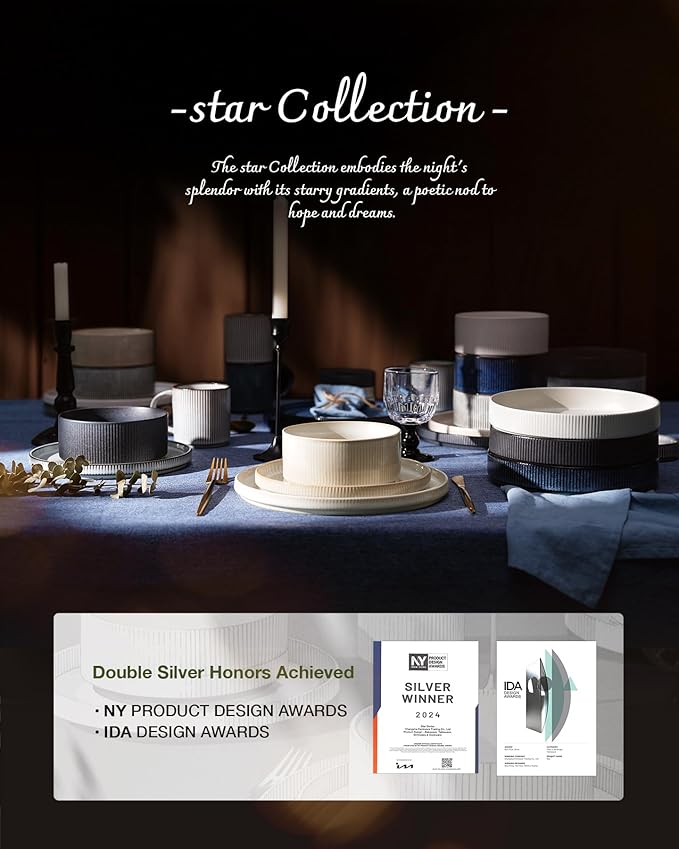 Famiware Star Dinnerware Set Plates and Bowls Sets for 8 (24pcs) Ribbed Stoneware Dishes - Chip &amp Scratch Resistant Microwave &amp Dishwasher Safe Tableware White
