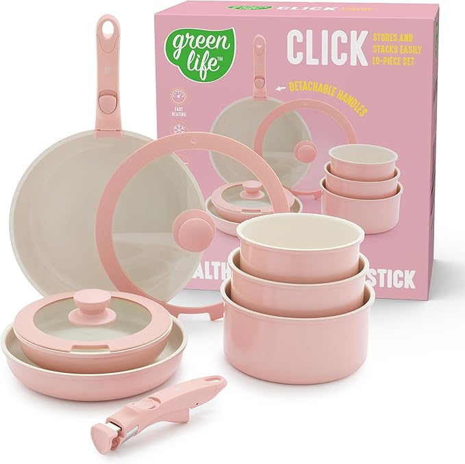 GreenLife 10 Piece Nonstick Pots &amp Pans Set Detachable Handle &amp Stackable Cookware Set Non Toxic PFAS-Free Skillets Induction Kitchen Pans Space Saving Serving Bowls Oven Safe Light Pin