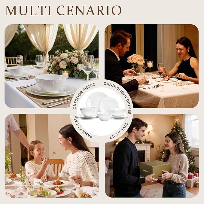 KINGSTONE Bone China Dinnerware Set 12-Piece White Lightweight Porcelain with Textured Design Service for 4 Plates Bowls for Family Dining Restaurants Gifting Microwave and Dishwasher Safe