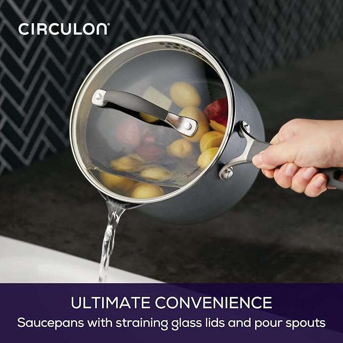 Circulon A1 Series with ScratchDefense Technology Nonstick Induction Straining Sauce Pan with Lid 3 Quart Aluminum Graphite