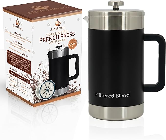 1.6L French Press Coffee Maker 54oz Large Capacity French Press Stainless Steel Brewer with Double Filter Mesh for Kitchen Travel Camping Hot &amp Cold Brew Coffee Maker Gifts (Black)