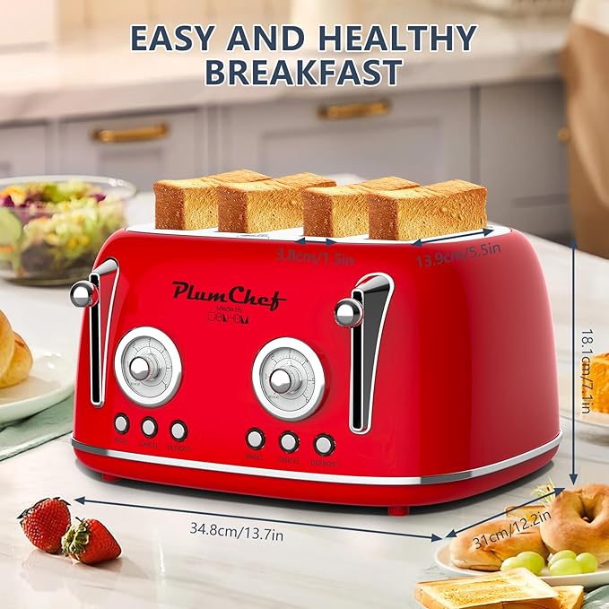 Plumchef 4 Slice Wide Slot Retro Style Toaster Dual Control Toaster wtih Timer 6 Browning Settings Bagel/Defrost Functions Removable Crumb Tray Stainless Steel Housing(Red1)