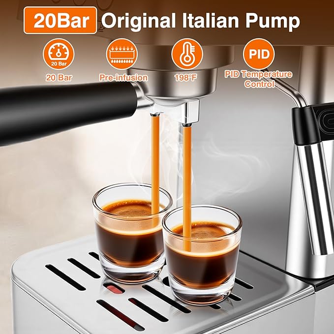 Sorgente Espresso Machine 20 Bar Stainless Steel Coffee Maker with Milk Frother 1350W with Fast-Heating System Innovative Coffee Grounds Filter Espresso Machines for Home Barista