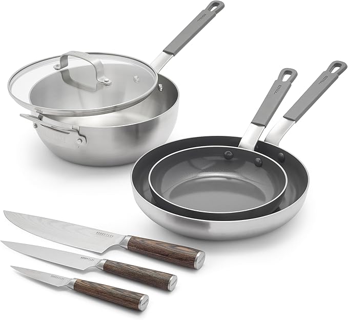 GreenPan x Bobby Flay Stainless Steel 3.75QT Saucepan with Glass Lid 8” and 10” Frying Pan Skillet Set and 3-Piece Knife Set Professional Grade Tri-Ply Stainless Steel Blades Induction Suitable