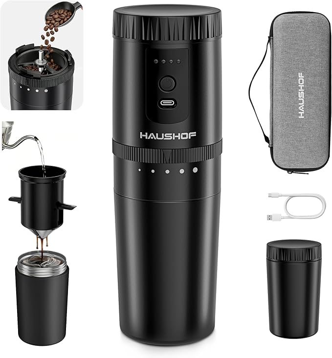 HAUSHOF Portable Coffee Maker Camping Coffee Makers Travel Mini Coffee Maker Portable Travel Coffee Maker with Grinder Personal Cordless Travel Coffee Maker for Car Camping and Home