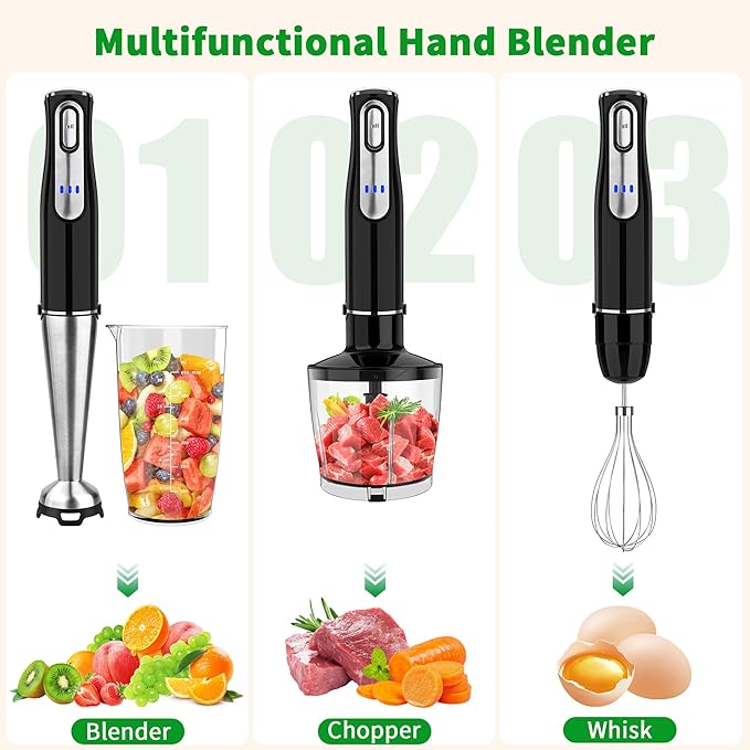 Cordless Immersion Blender Handheld Rechargeable 4 In 1 Electric Hand Blender Stick Blender Variable Speed with Chopper Beaker Whisk Stainless Steel Blade for Soup Baby Food Smoothies