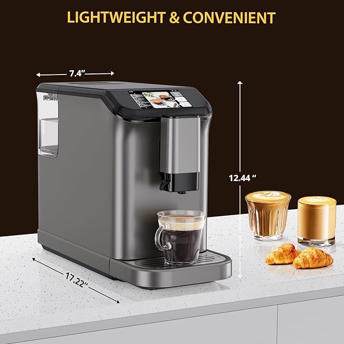 Fully Automatic Espresso Machine with Milk Frother Built-in Grinder 4 Coffee Options Touchscreen Display and Sleek Modern DesignGrey
