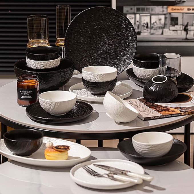 Elegant Black and White Minimalist Matte Ceramic Dinnerware Set Includes Plates Bowls Perfect for Home Dining Modern Tableware for Everyday Use or Gifting Ideal for Housewarming