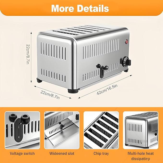 Professional-Grade 6-Slice Stainless Steel Toaster Commercial-Grade Extra-Wide Slot with Crumb Tray Even Heating to Ensure Even Cooking. Suitable for Home Kitchens Restaurants and Bakeries.