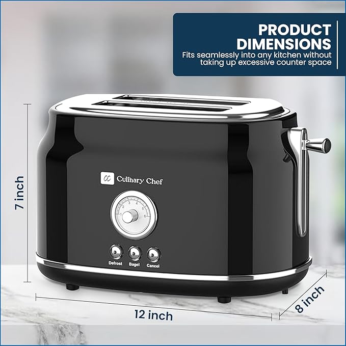 Frigidaire ETO102-WHITE 2 Slice Toaster Retro Style Wide Slot for Bread English Muffins Croissants and Bagels 5 Adjustable Toast Settings Cancel and Defrost 900w Black