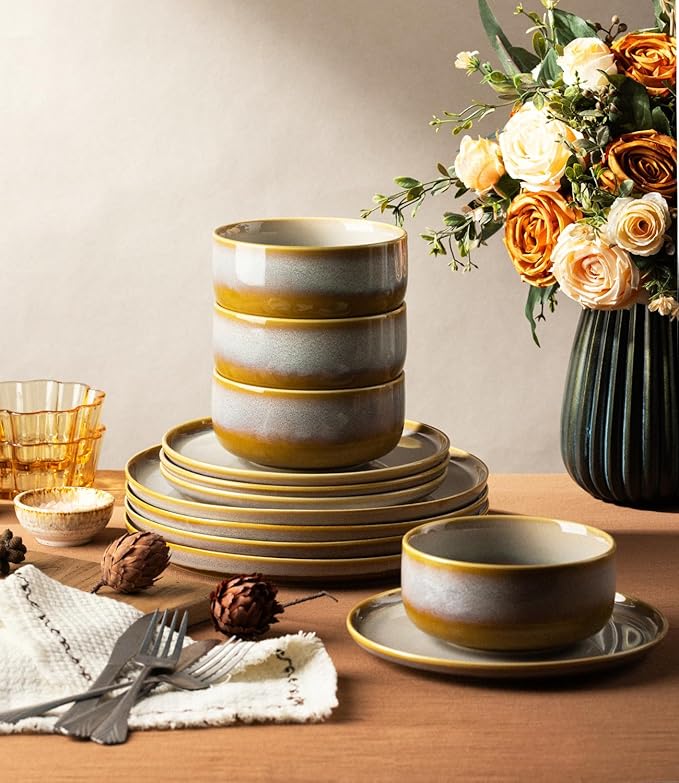TheTerra Ceramic Dinnerware Sets for 6 18 Pieces Handmade Reactive Glaze Plates and Bowls Set Scratch Resistant Dish Set Oven &amp Microwave &amp Dishwasher Safe Autumn Haze