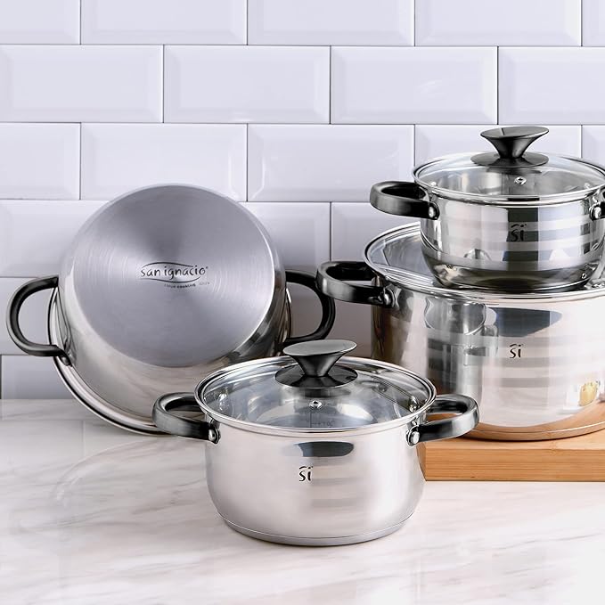 San Ignacio Jolie 8-Piece Cookware Suitable for Induction Hita in Stainless Steel with Set of 12 Silicone Lids