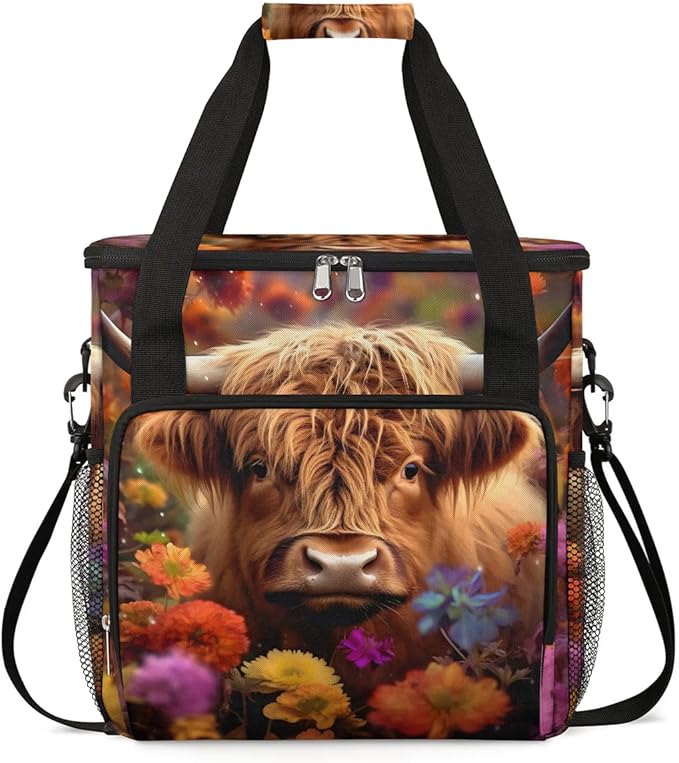 Coffee Maker Carrying Bag Highland Cow Flower Single Cup Coffee Maker Travel Bag Compatible with Keurig K-Mini or K-Mini Plus Portable Storage Bag with Shoulder StrapAZ-197