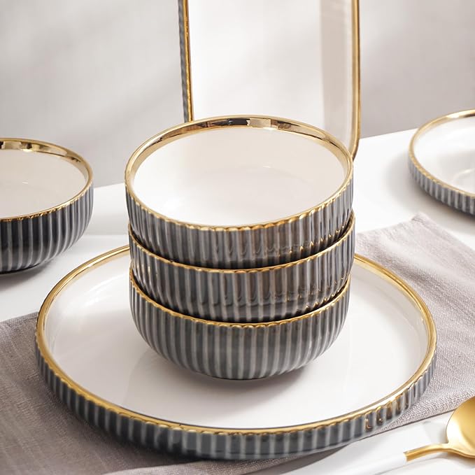 Luxury Black and White Porcelain Dinnerware Set 16 Piece Gold Rim Fluted Rim Design Service for 4 with Plates and Bowls Cups Saucers Dishwasher &amp Microwave Safe Modern (Grey)