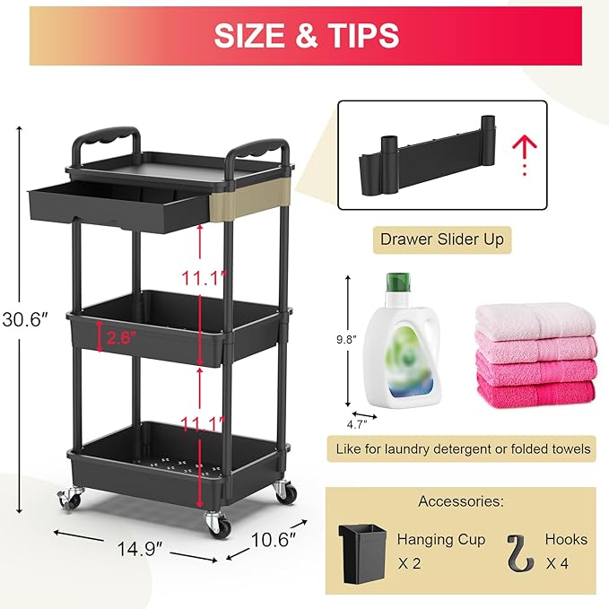 Goovilla 3 Tier Rolling Utility Cart Organizer with Removable Drawer Stable and Sturdy Black Rolling Storage Carts with 2 Lockable Wheels for Bathroom Kitchen Snack Craft Makeup Baby Essentials