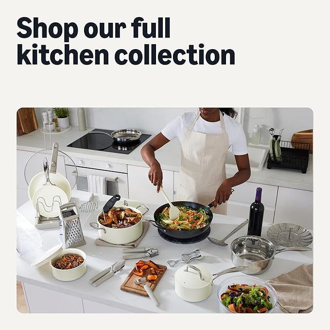 Amazon Basics Ceramic Nonstick Pots and Pans Set with Detachable handle 11-Piece Stackable set All Cooktop Friendly Includes Saucepan Frying pan Linen Gray.