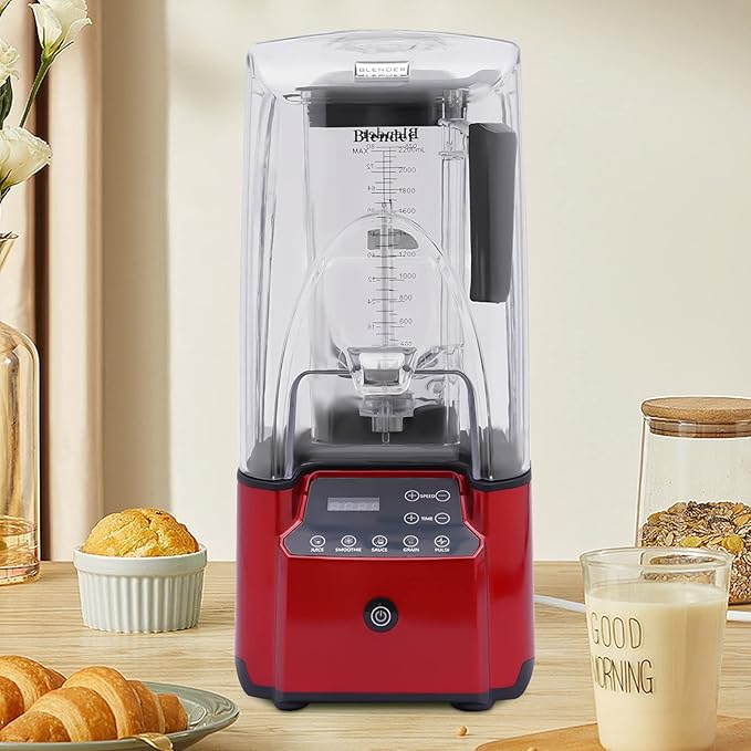 Professional Blender with Shield Eapmic Soundproof Blender Commercial Countertop Blenders 2200W 8 Gears Commercial Smoothie Countertop Blender for Smoothies Ice Cream Sauce Red
