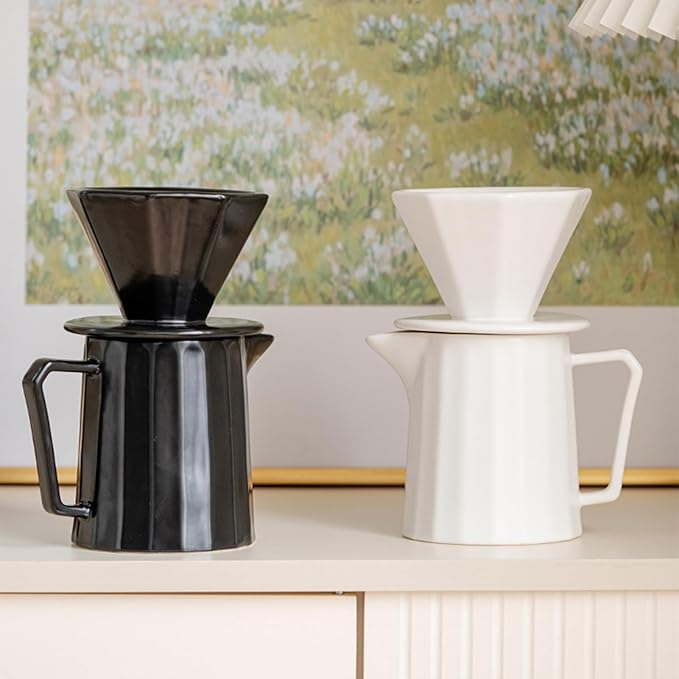 Pour Over Coffee Maker Set Premium Ceramic Coffee Dripper with 15oz/450ml Capacity Manual V60 Style Coffee Maker Ideal for Home Office and Travel (Black)