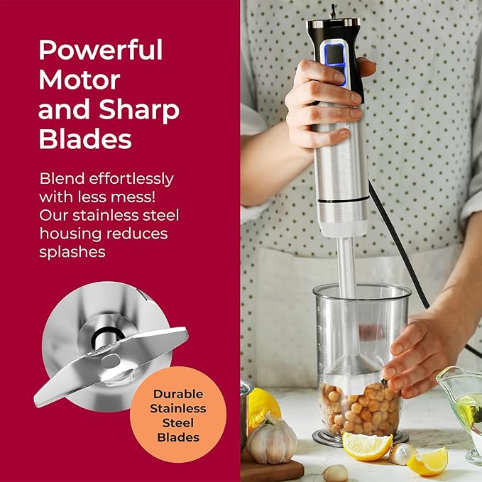 MuellerLiving Immersion Hand Blender Full Set - 8 Speed Immersion Blender Hand Mixer with 7 Attachments: Stainless Steel Blade Whisk Milk Frother Beater Mixing Hooks Potato Masher Chopper Bowl