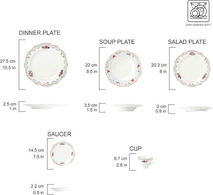 6417 24K Gold-Plated Dinnerware Set Dinner Service for Four 20-Piece Set: 4 Dinner Plates 4 Soup Plates 4 Dessert Plates 4 Tea Cups with 4 Saucers