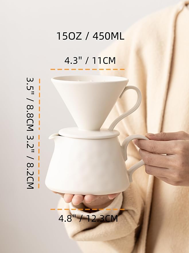 Pour Over Coffee MakerCeramic Coffee Maker With 40 pcs Paper Filter15oz/450ml Ceramic Pour Over Coffee Dripper（Off White）