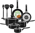 NutriChef 13-Piece Nonstick Cookware - Heat Resistant Kitchen Ware Set w/Saucepan Frying Pans Cooking Pots Casserole Lids Ladle Fork Strainer - NCCWA13 Black