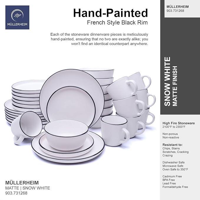 MÜLLERHEIM 903 Minimalist Collection 32-Piece Contemporary Ceramic Stoneware Dinnerware Sets for 8 Matte Frost White Plates and Bowls sets Dinner Plates Set Salad Dish Set Bowls Cup