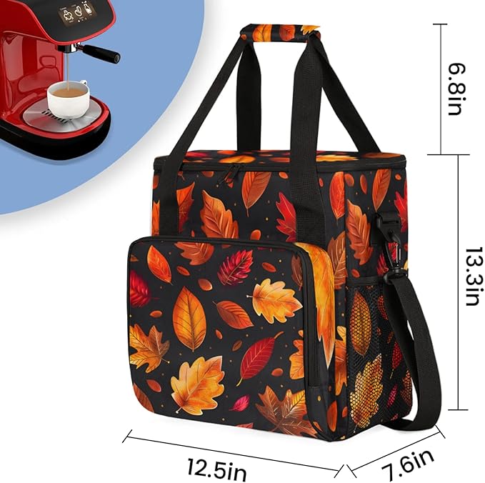 Fall Leaves Theme Coffee Maker Travel Bag for Keurig K-Mini/K-Mini Plus Insulated Waterproof Tote with Pockets for K-Cup Portable Single-Serve Brewer Case
