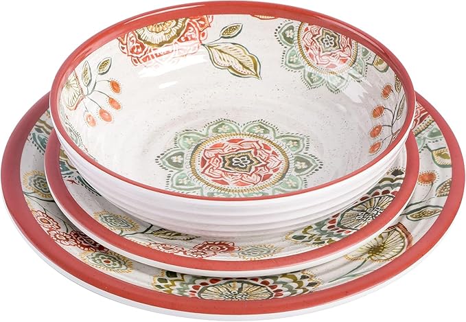 12-Piece Melamine Dinnerware Set – Ripple Edge Floral Design in Brick Red Lightweight &amp Chip-Resistant Plates and Bowls Dishwasher Safe Service for 4