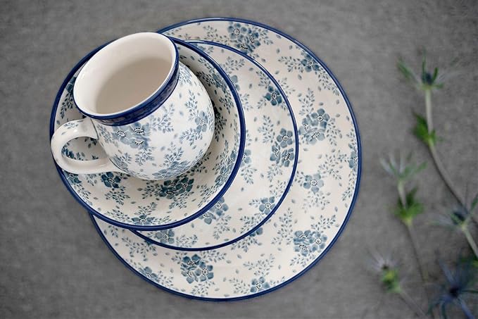 Blue Rose Polish Pottery - Blue Fleur 4 PC Place Setting - Service for 1-1 Place Setting - Great for Everyday Dining Casual Dining or as Formal Dinnerware