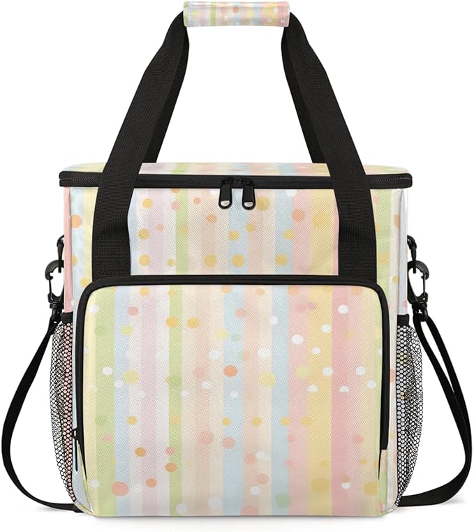 Rainbow Striped Coffee Maker Travel Bag for Keurig K-Mini/K-Mini Plus Insulated Waterproof Tote with Pockets for K-Cup Portable Single-Serve Brewer Case