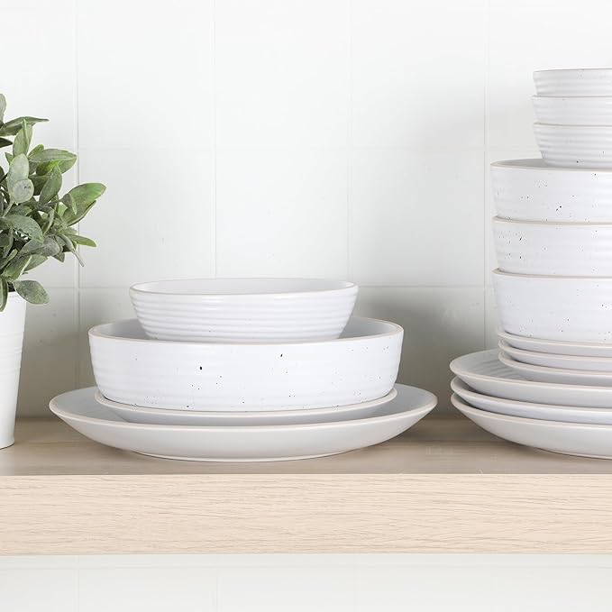 Gibson Home Dinah 16-Piece Matte White Stoneware Dinnerware Set – Double Bowl Embossed Speckled Design Durable Kitchen Dinnerware