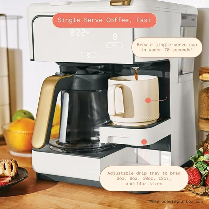 Dual Function Coffee Maker with 12 Cup Drip Brewing and Single Cup Option Programmable Control Panel (White Icing)