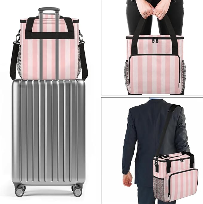 Pink Stripes Travel Coffee Maker Carrying Bag Large Organizer Storage Tote Bag Insulated Reusable Cooler Grocery Bags
