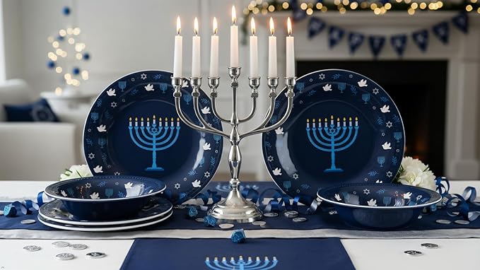 UPware 12 Piece Hanukkah Menorah Melamine Dinnerware Sets Outdoor Dishes Set Plates and Bowls Sets Hanukkah Decorations Service for 4 Indigo Blue