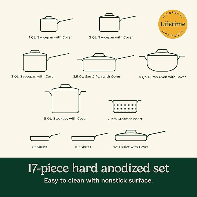 Cuisinart 17-Piece Pots and Pans Set Non Stick Hard Anodized Cookware Set Compatible with Electric Gas Cooktops Dishwasher Safe Oven Safe Pot Set Cool Grip Handles Aluminum Core for Even Heat