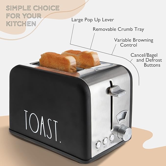 Rae Dunn Toaster Stainless Steel 2 Slice Square Toaster Wide Slot with 5 Browning Levels with Bagel Defrost and Cancel Options (Black)