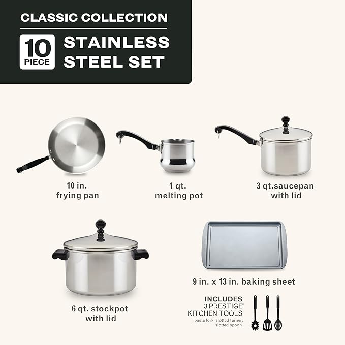 Farberware Classic Series Stainless Steel Pots and Pans with Baking Sheet Pan Cooking Tools and Lids Induction Ready Dishwasher Safe 10 Piece Cookware Set Metal Utensil Safe - Stainless Steel