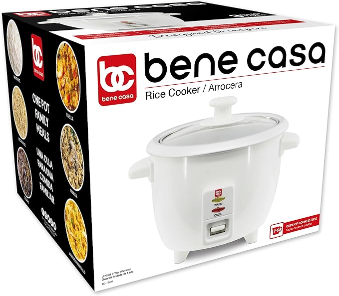 Bene Casa White Rice Cooker 3 Cup (uncooked)/ 6 cup (cooked) Arrocera Blanca Electrica 3 Medidas sin Cocinar 6 Medidas Cocinada.